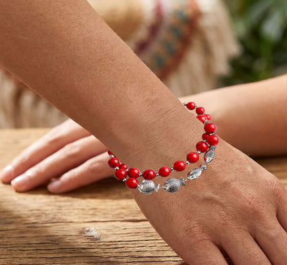 Bali Beads Bracelet Sea Fish Bell Silver Steel Charm Elasticated Bracelet in Red