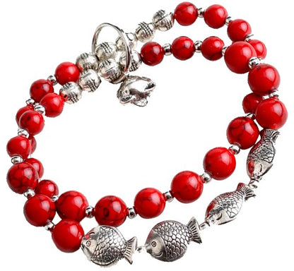 Bali Beads Bracelet Sea Fish Bell Silver Steel Charm Elasticated Bracelet in Red
