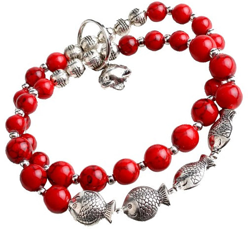 Bali Beads Bracelet Sea Fish Bell Silver Steel Charm Elasticated Bracelet in Red
