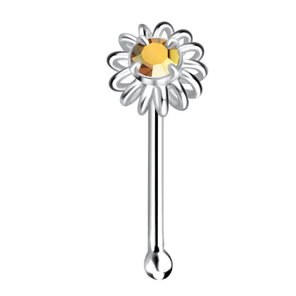 925 Sterling Silver Crystal Ball End Flower Nose Stud