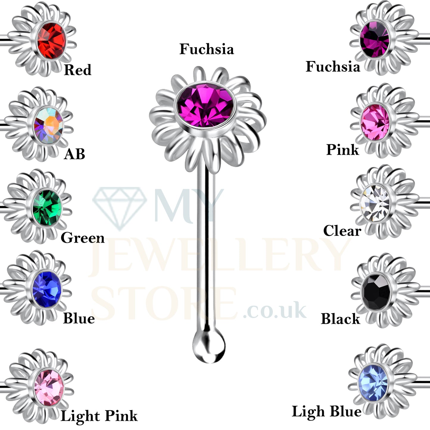 925 sterling silver crystal ball end flower nose stud