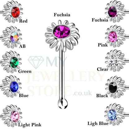 925 Sterling Silver Crystal Ball End Flower Nose Stud