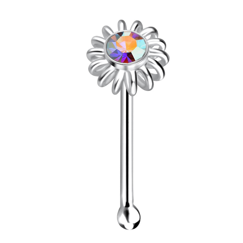 925 sterling silver crystal ball end flower nose stud