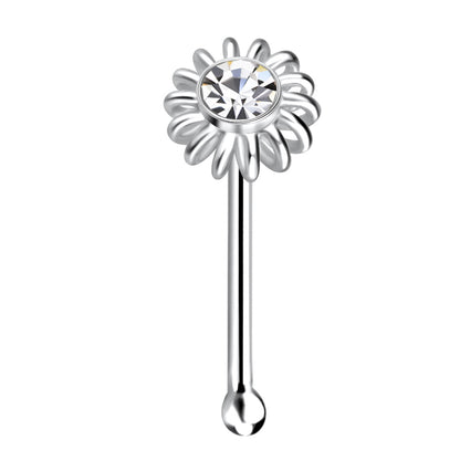 925 Sterling Silver Crystal Ball End Flower Nose Stud