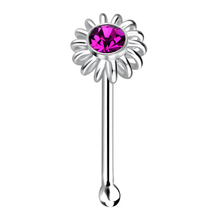 925 Sterling Silver Crystal Ball End Flower Nose Stud