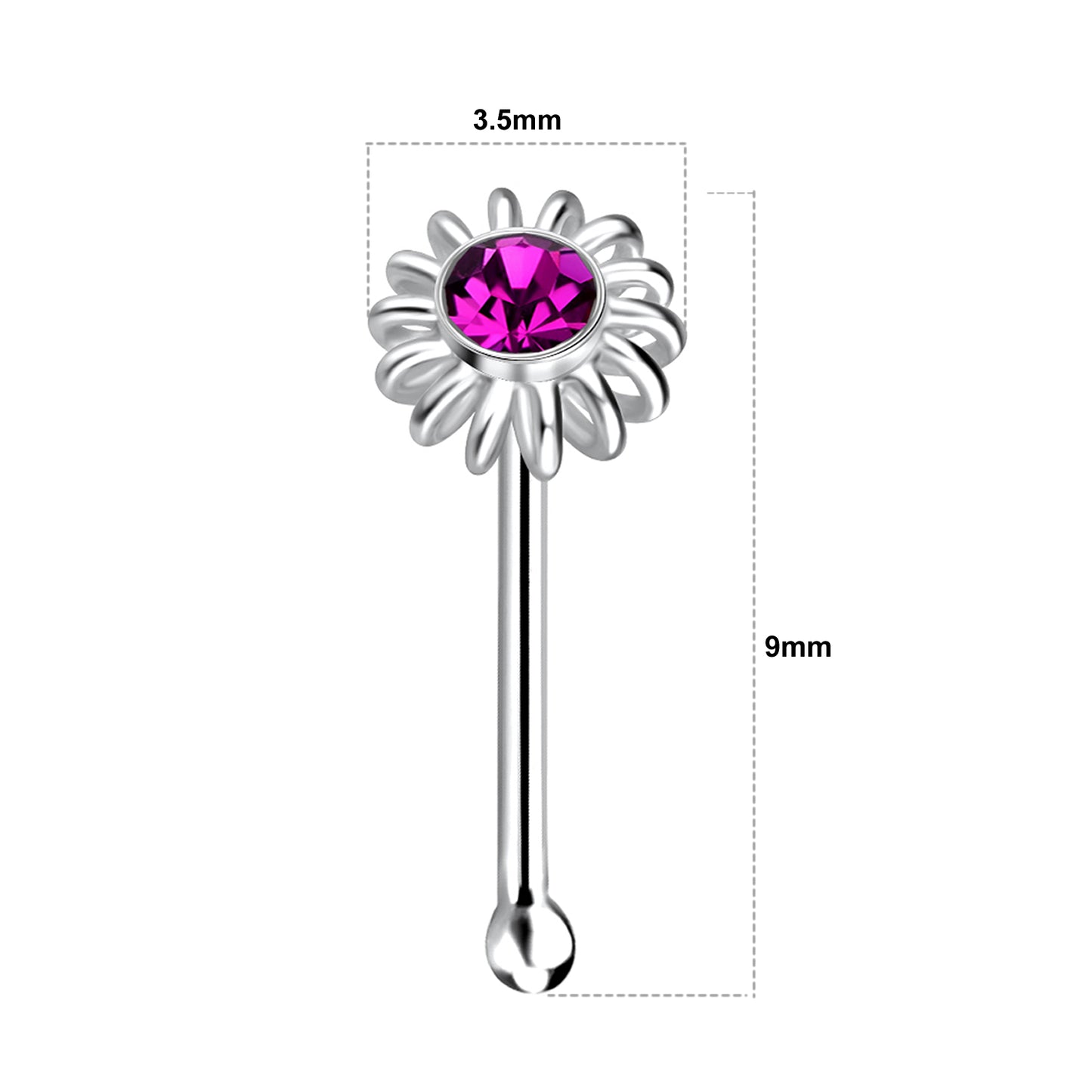 925 sterling silver crystal ball end flower nose stud
