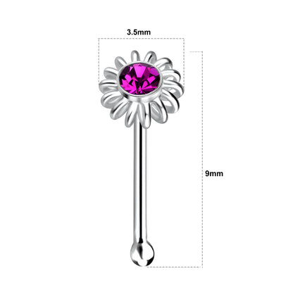 925 Sterling Silver Crystal Ball End Flower Nose Stud
