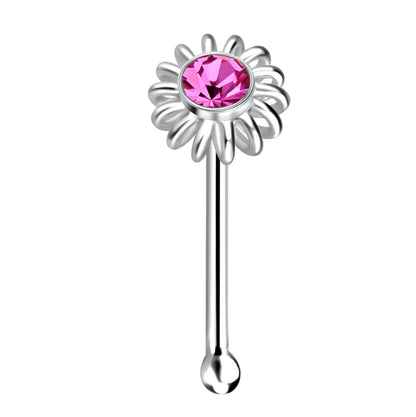 925 Sterling Silver Crystal Ball End Flower Nose Stud