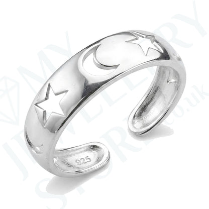 925 Moon Stars Toe Ring Sterling Silver Adjustable Band Toe Ring