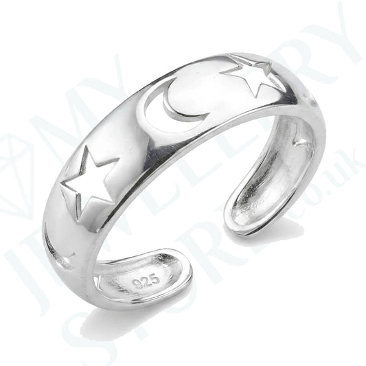 925 Moon Stars Toe Ring Sterling Silver Adjustable Band Toe Ring